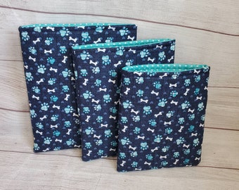 Pawprint dog book sleeve, book cover, gift for book dog lover, book protector, librarian gift, book pouch, reader gift, padded book sleeve