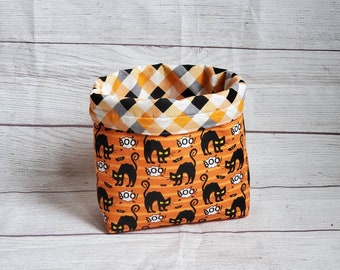 Halloween cat bat and boo fabric bag, reversible fabric basket, reusable candy basket, Halloween decor, fabric bucket, October decor