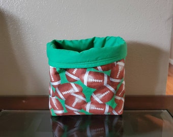 Football theme fabric bag, reversible fabric basket, football lover gift, fabric bucket, man cave decor, storage container, sport lover gift