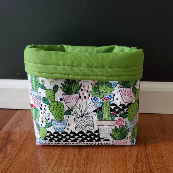 Cactus themed fabric basket, reversible fabric bag, succulent lover gift, fabric bucket, plant decor, storage container, potted plant gift