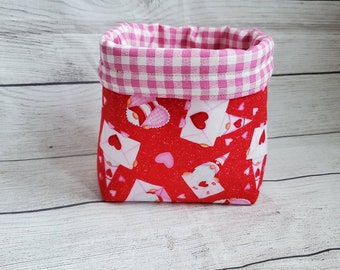 Valentine's Day hearts gnome love theme fabric bag bin basket, reversible fabric basket, gnome lovers gift, fabric bucket, reusable gift bag