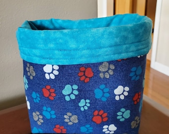 Paw print fabric bag, reversible fabric basket, gift for pet lover, holiday decor, fabric bucket, teal fabric, storage container, dog cat