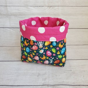Easter bunny fabric basket bin bag, reversible fabric bag, easter egg bag, spring flowers, easter sunday decor, candy basket, spring pastel