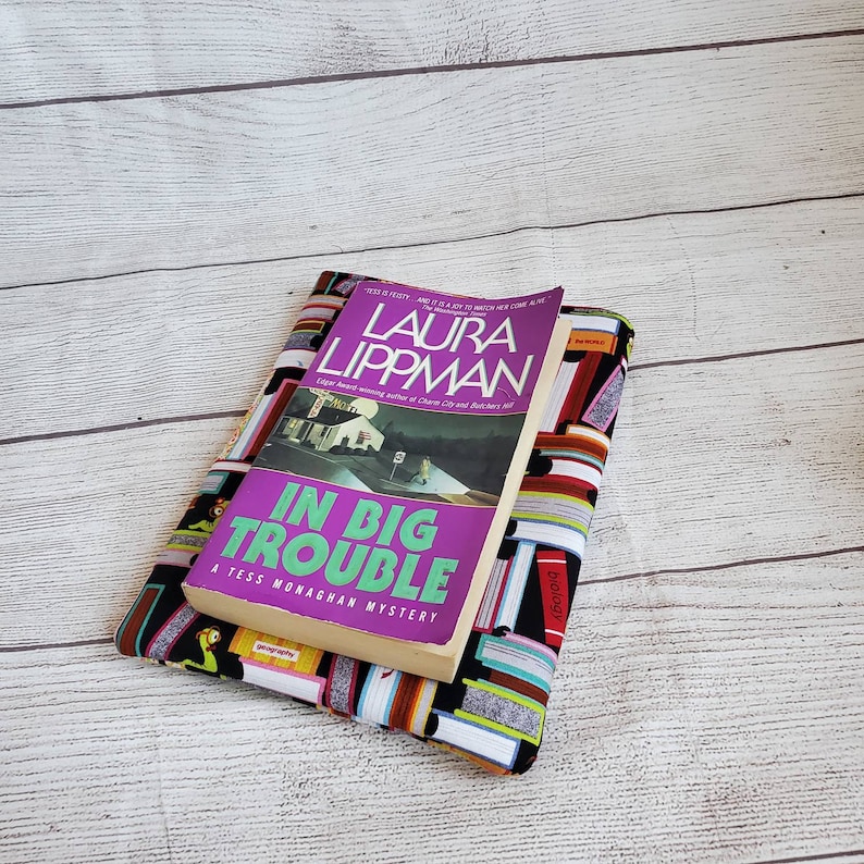 Puede incluir: Una cubierta de libro con fondo negro y lomos de libros coloridos. La cubierta del libro presenta un t&iacute;tulo morado y verde "In Big Trouble" y el nombre del autor "Laura Lippman". El libro es un misterio de Tess Monaghan.