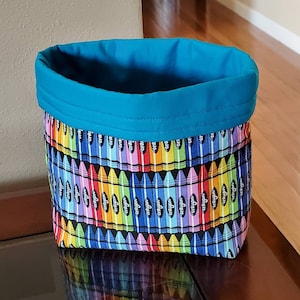 Crayon fabric basket, reversible fabric basket, gift for teacher, school room decor, fabric bucket, gift for kids, storage container, bag