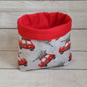 Christmas fabric bag basket, reusable fabric basket, christmas decor, holiday display, car with Christmas tree on top, storage container bin