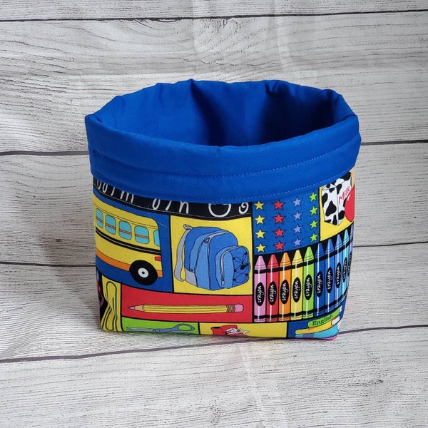 School teacher basket bag bin, reversible fabric bag, gift for teacher, fabric bucket, storage container,  small fabric basket, educator