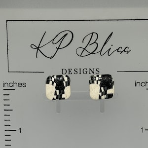 Black, White and Silver Checkered Clay Earrings, Handmade Polymer Checkered Clay Earrings
