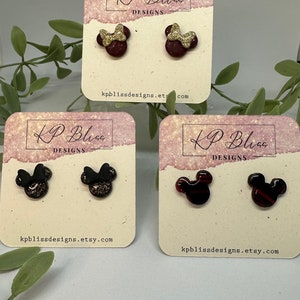 Mouse Shaped Clay Earrings with bow Accents, Handmade Polymer Clay Minnie Mouse and Mickey Mouse Shaped Stud Earrings