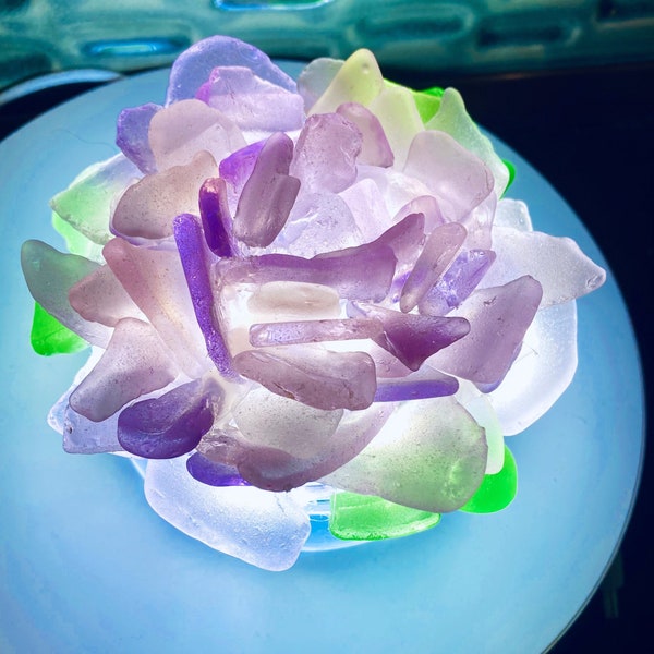 4.5 inch lavender flower sea glass nightlight on canning jar base USB charger.No batteries needed!Remote changes  color or keep solid white