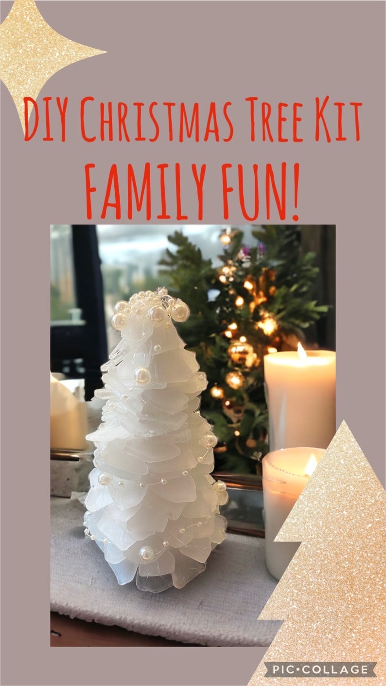 DIY sea glass tree kit Surf tumbled White Sea glass 6 inch tree. Includes base, pearl garland,written instructions NEW ADD extra colors image 1