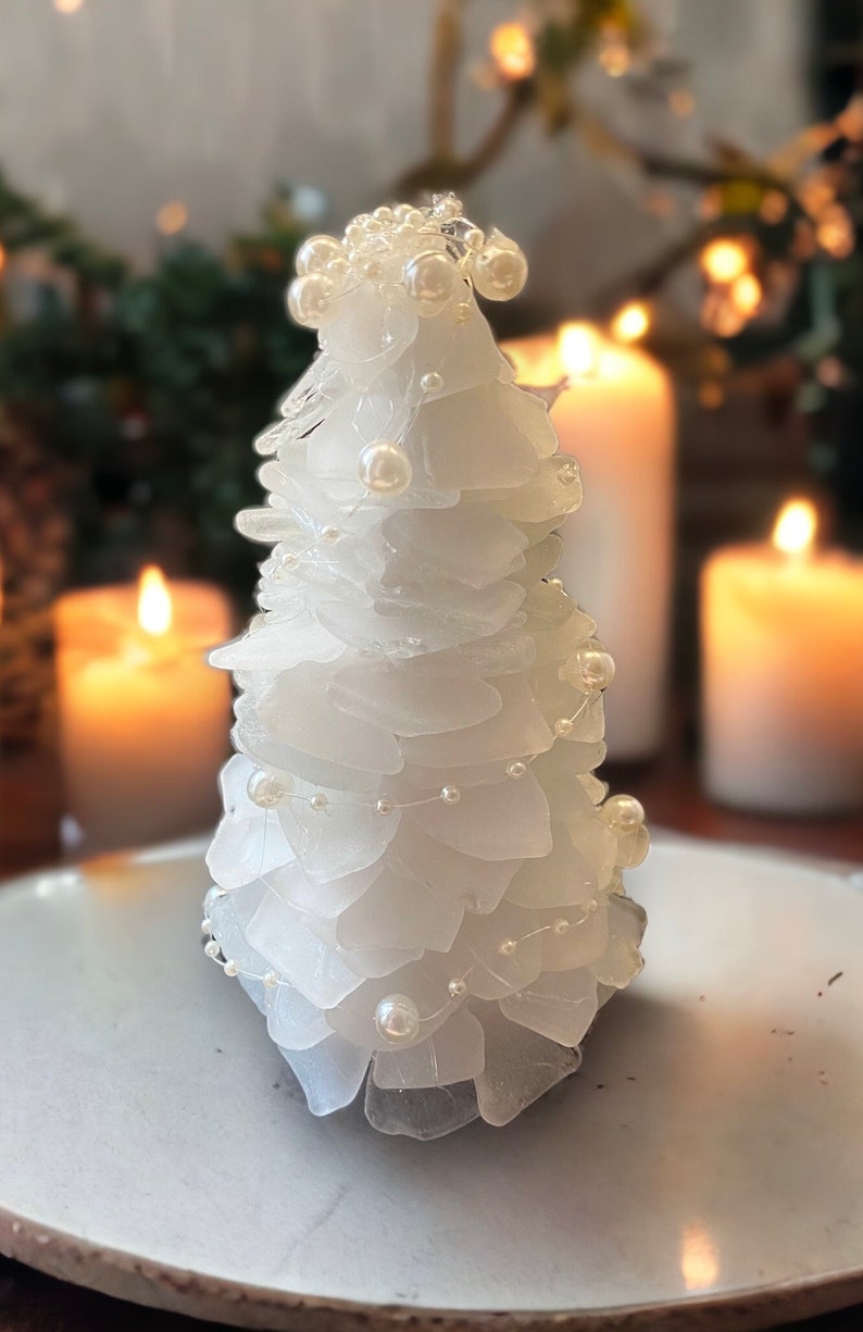 DIY sea glass tree kit Surf tumbled White Sea glass 6 inch tree. Includes base, pearl garland,written instructions NEW ADD extra colors image 4