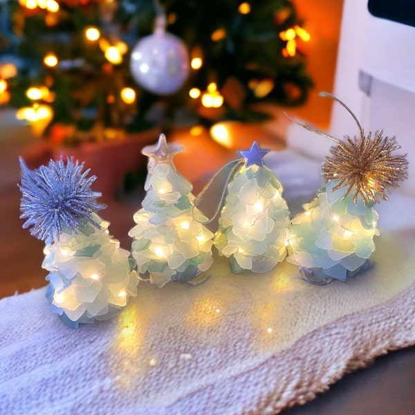 Light up Tiny tree sea glass tree ornaments surf tumbled sea glass 3 plus inches gold, silver pompom, star or knobby starfish topper lighted