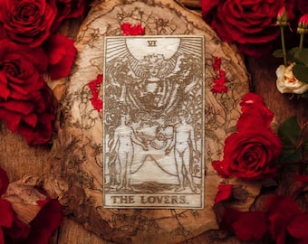 The Lovers Wooden Tarot Card | Unity, Balance, Love, Passion, Intimacy, Divination, Folk Magic, Altar Decor & Tools, Hoodoo, Voodoo, Occult