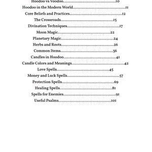 Op de afbeelding: Een zwart-wit boek getiteld "Hoodoo" met een inhoudsopgave met onderwerpen zoals "Wat is Hoodoo?", "Hoodoo vs Voodoo", "Kernovertuigingen en praktijken", "Maanmagie", "Liefdesbezweringen", "Beschermingsbezweringen" en "Nuttige Psalmen".