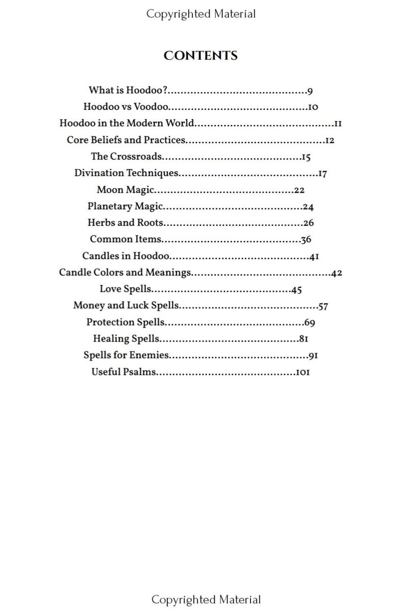 Op de afbeelding: Een zwart-wit boek getiteld "Hoodoo" met een inhoudsopgave met onderwerpen zoals "Wat is Hoodoo?", "Hoodoo vs Voodoo", "Kernovertuigingen en praktijken", "Maanmagie", "Liefdesbezweringen", "Beschermingsbezweringen" en "Nuttige Psalmen".