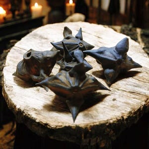 Puede incluir: Cuatro castañas de agua espinosas de color azul oscuro están dispuestas sobre una superficie de madera rústica de color marrón claro. Las castañas de agua tienen una forma única de estrella con puntas afiladas. La superficie de madera tiene una textura natural.