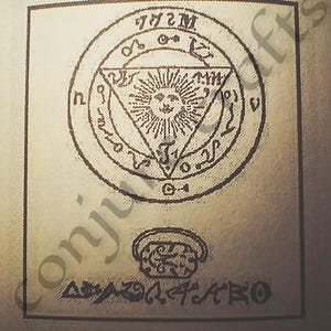 May include: A detailed illustration of a circular seal with a sun-like face at the center of a triangle. The seal is surrounded by symbols and text, with additional text and a smaller emblem below. The image is on a beige background.