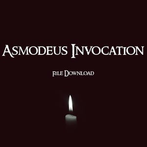 May include: A black background with white text that reads "ASMODEUS INVOCATION" and "FILE DOWNLOAD". A single white candle with a lit flame is centered at the bottom of the image.