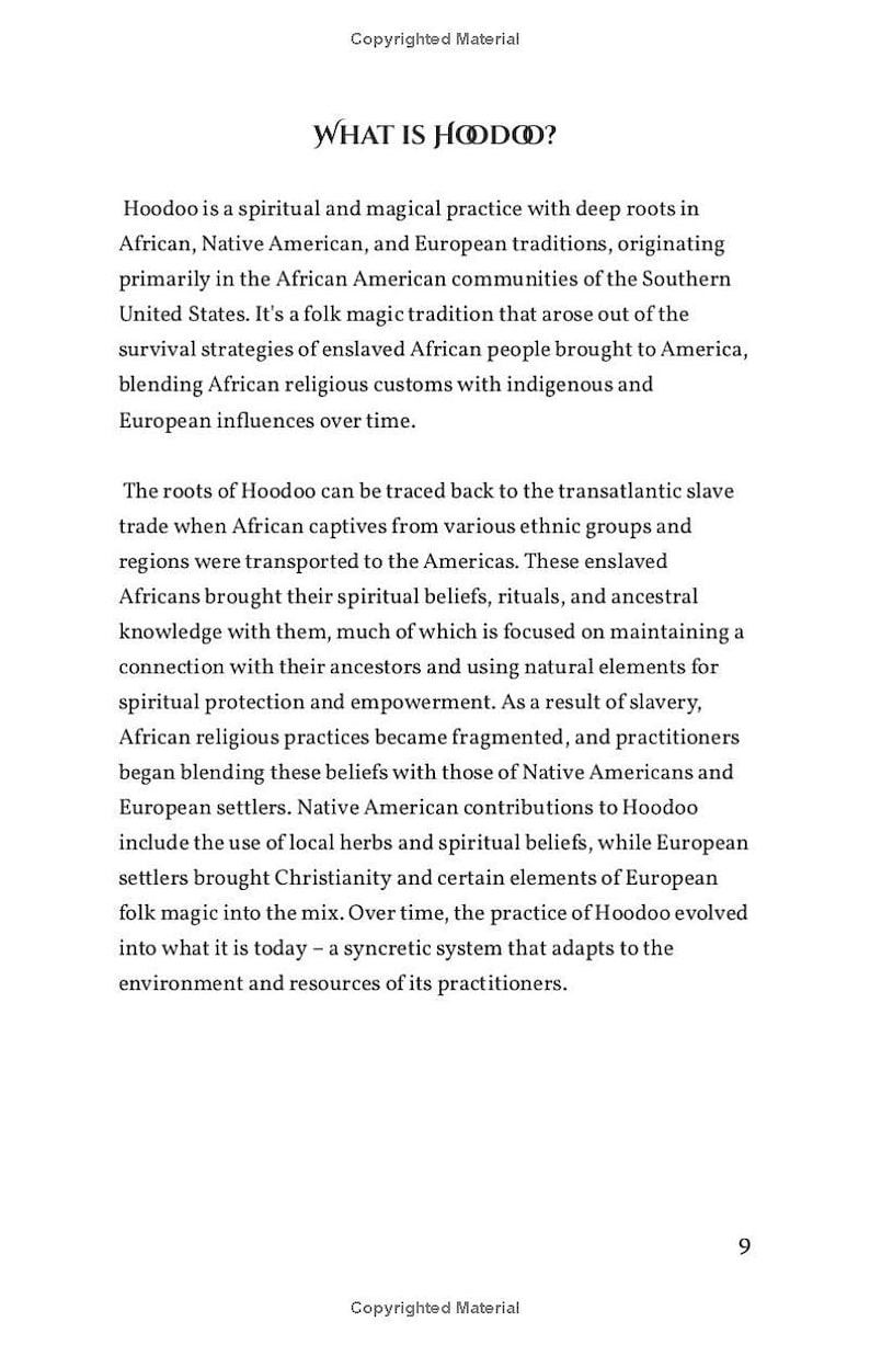 Op de afbeelding: Een zwart-witte tekstpagina met de titel "What is Hoodoo?" en een beschrijving van de spirituele en magische praktijk van Hoodoo, die is ontstaan in de Afro-Amerikaanse gemeenschappen in het zuiden van de Verenigde Staten.