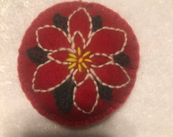 Poinsettia Christmas ornament in wool felt with crewel embroidery