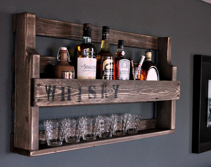 Whiskey Shelf Wood with Whiskey Glass Holder and Lettering Ready Mounted brown Industrial STYL