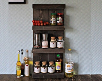 Wooden spice rack - for wall or standing - brown - 4 shelves - 65 x 29 x 12 cm - solid wood