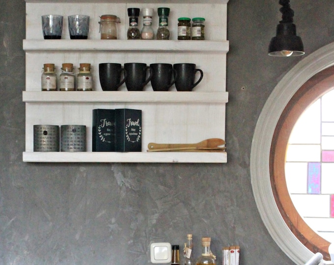 Wooden spice rack - for wall or standing - antique white - 4 shelves - 65 x 77 x 12 cm - solid wood