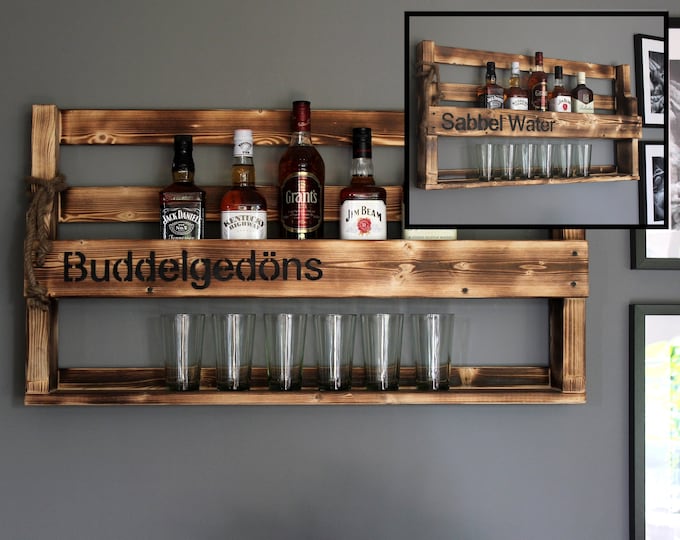 Whiskey Shelf Wood with Whiskey Glass Holder and Lettering Ready Mounted brown Industrial STYL