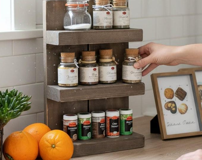 Wooden spice rack - for wall or standing - Brown Vintage - 3 shelves - 48 x 24 - 72 x 12 cm - Solid wood