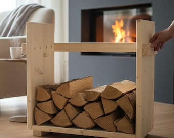 Kaminholzregal aus Massivholz – Feuerholz Regal in natur Vintage Kiefer – Holzlager Indoor – Rustikales Holzregal für Wohnzimmer Kaminofen