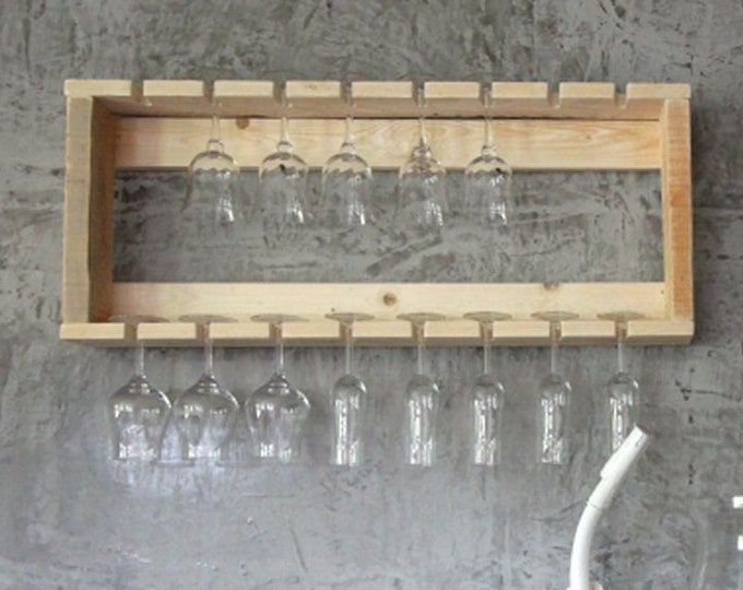 Wine glass rack made of solid wood - Natural -HxWxD 36 cm x 90 cm x 12 cm - Vintage wine glass & champagne glass rack matching wine rack