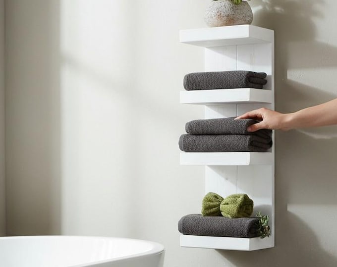 Wooden bathroom shelf -White - towel rail very narrow (hanging or standing) enchants especially small bathrooms