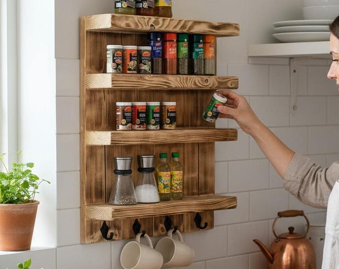 Wooden spice rack for the wall - Flamed - 4 shelves - 65 x 50 x 12 cm - solid wood