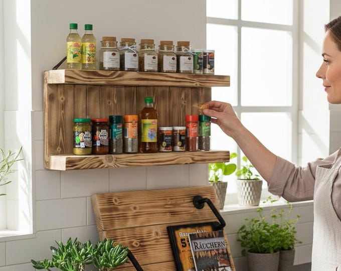 Wooden spice rack - for wall mounting or standing - brown (flamed) - 2 shelves - 29 x 65 x 12 cm - solid wood