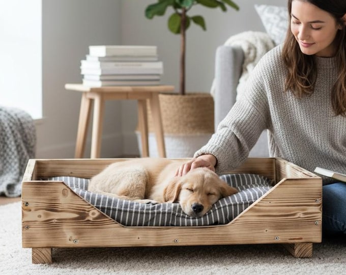 Hundebett aus Holz für kleine Hunde - 60 x 40 - Farbe: geflammt - Hundekorb/Hundesofa/Katzenbett aus Massivholz