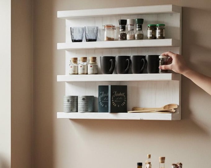 Wooden spice rack - for wall or standing - antique white - 4 shelves - 65 x 77 x 12 cm - solid wood