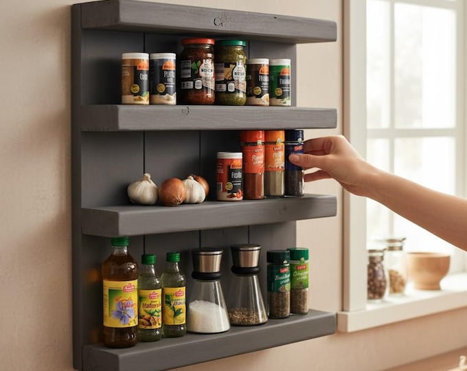 Wooden spice rack - for the wall or standing - grey - 4 shelves