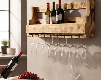 Botellero de madera para pared - con soporte para copas - marrón (flameado) - totalmente montado - estante para botellas de vino y copas de vino