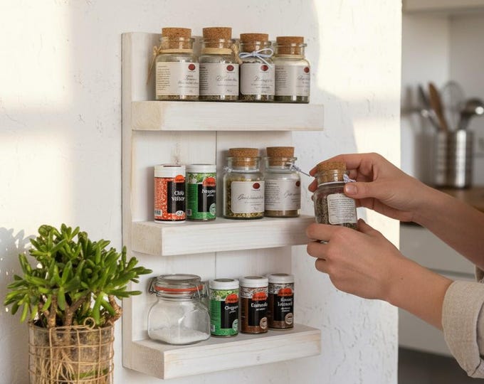 Wooden spice rack - wall-mounted or freestanding - vintage - 3 shelves