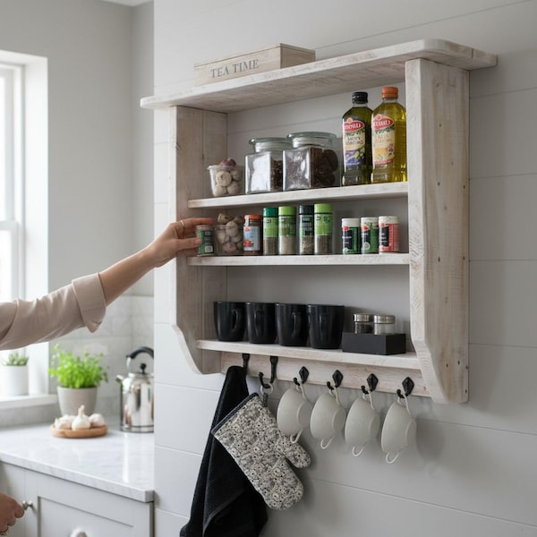 Küchenregal aus Holz im Landhausstil – Wandregal weiß, Massivholz Wandboard mit Haken, Küchenablage Shabby Chic