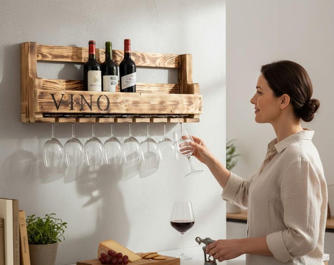 Wooden wine rack for the wall - with glass holder and VINO lettering - Flamed - ready assembled - Shelf for wine bottles and wine glasses