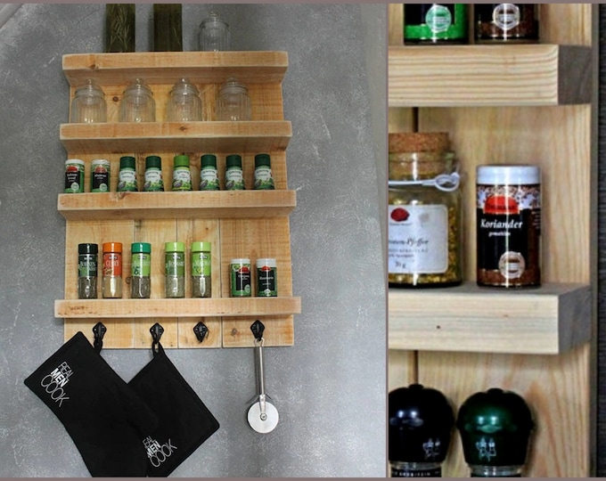 Wooden spice rack for the wall - nature - 4 shelves - 65 x 24 - 72 x 12 cm - solid wood
