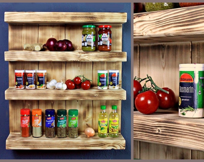 Spice rack made of wood - for the wall or standing - Brown flamed - 4 shelves - 57 x 24 - 72 x 12 cm - solid wood