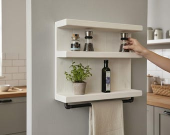 Küchenregal aus Massivholz mit Industrial Handtuchhalter – Wandregal Kiefer Weiß – Handarbeit