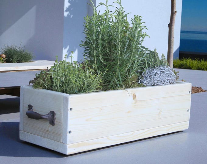 Flower box "The Original by Dekorie" made of wood with iron handles, 30-90 cm wide / 19.5 cm deep / in natural finish