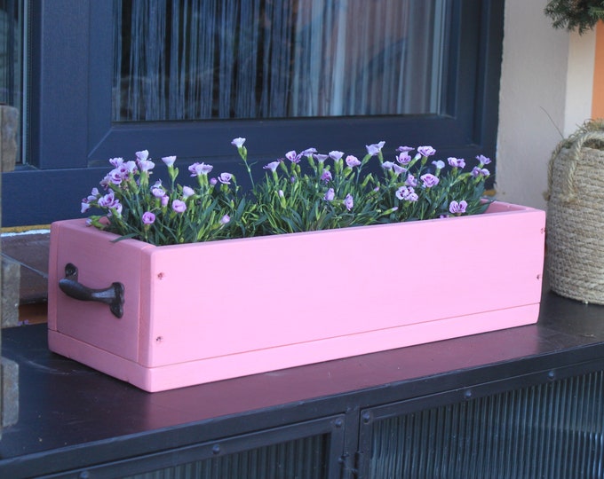 Flower box " The original by Dekorie " made of wood with iron handles 30 - 90 cm wide / 19.5 cm deep / in pink / pink