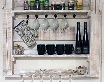 Küchenregal aus massivem Holz - Weiß - Maße (HxBxT): 80 x 95 x 12 - Vintage Wandregal für Gewürze, Gläser und Tassen