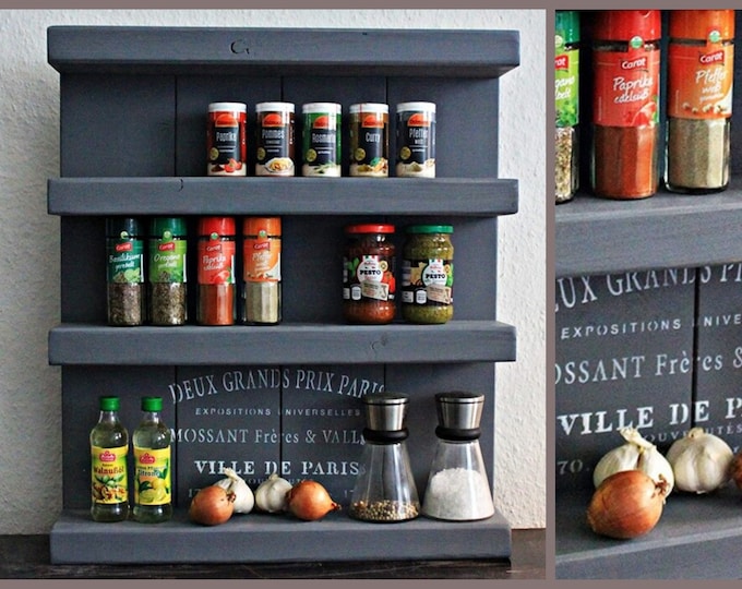 Wooden spice rack - for the wall or standing - grey - 4 shelves