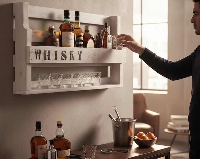 Wooden whisky shelf - with glass holder and WHISKY lettering - White - Industrial style - Fully assembled - Wall-mounted